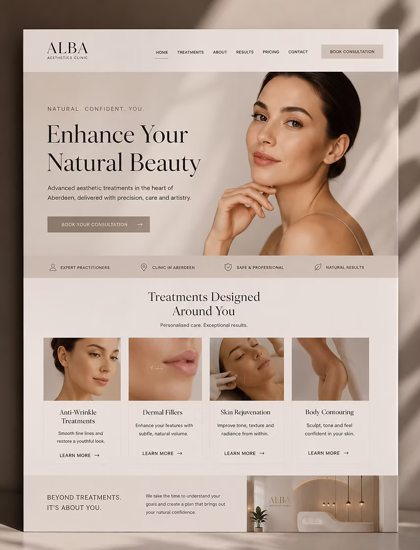 Premium aesthetics clinic website design created by KEM