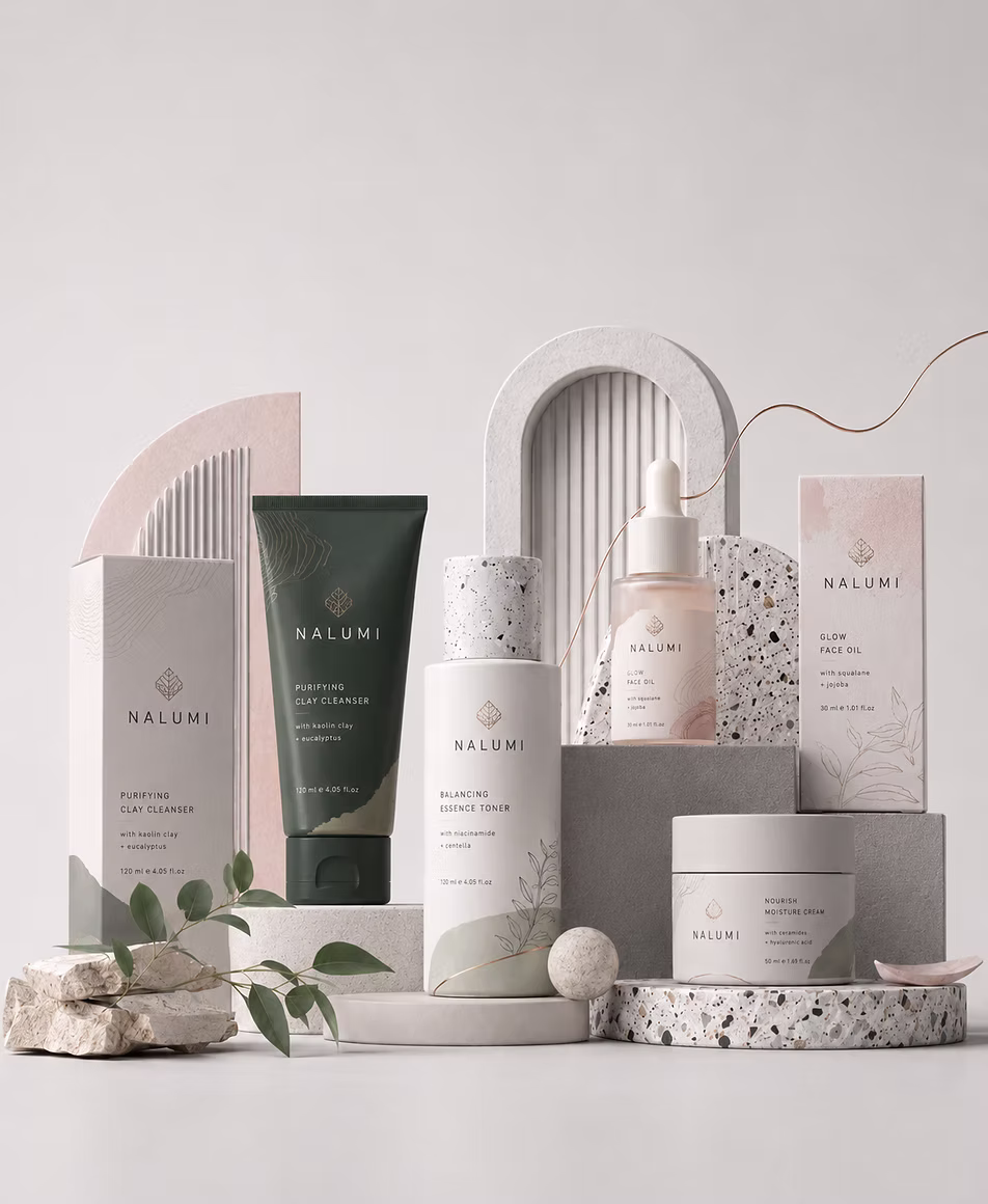 Premium skincare product packaging and website visuals