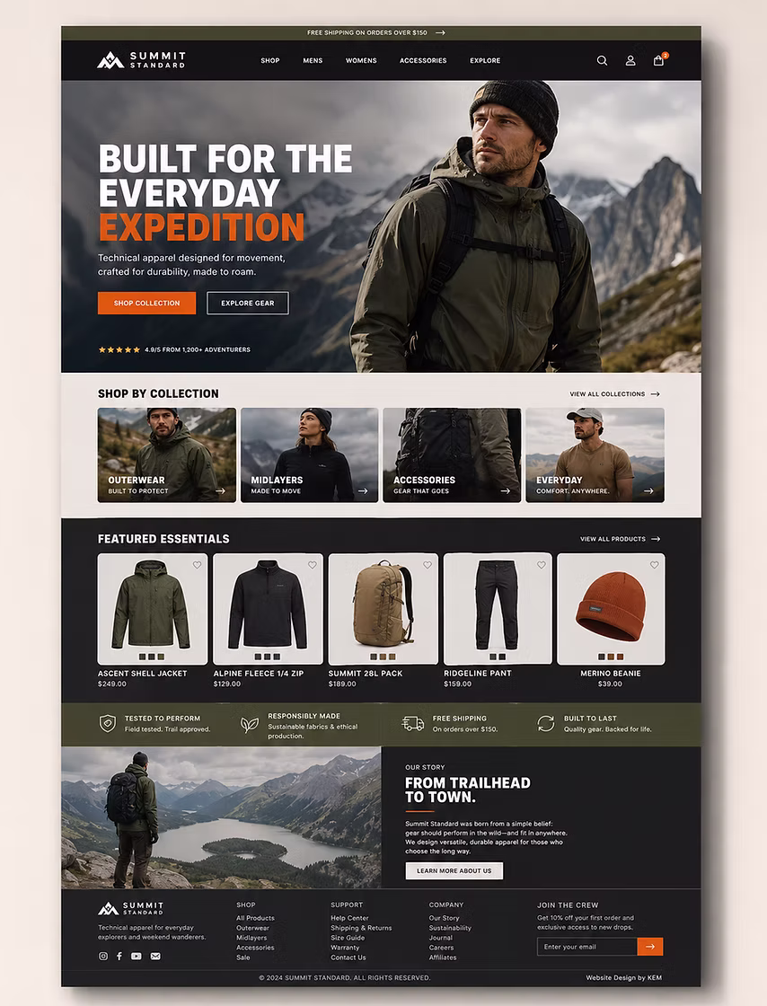 Outdoor apparel website design with conversion-focused product sections